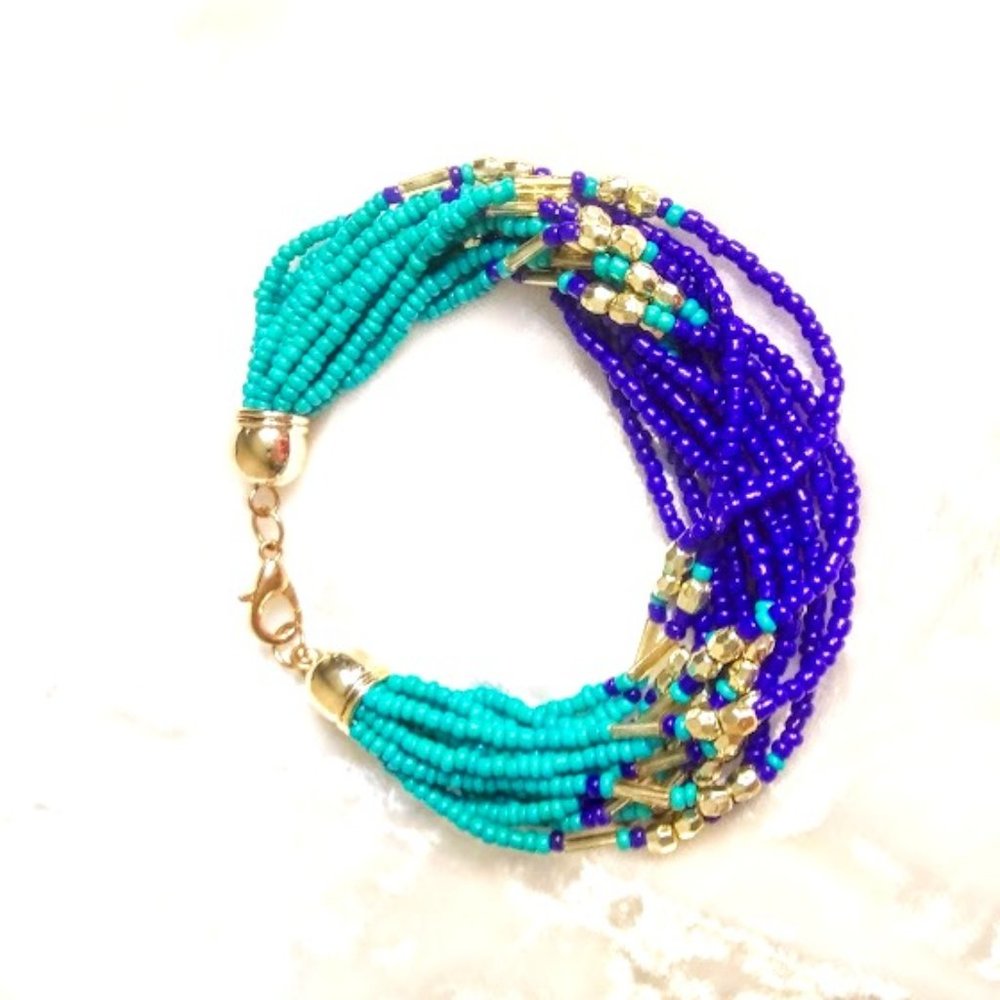TWISTED GLASS SEED BEAD BRACELET*12 STRANDS*TURQUOISE COLOR*HAND CRAFTED
